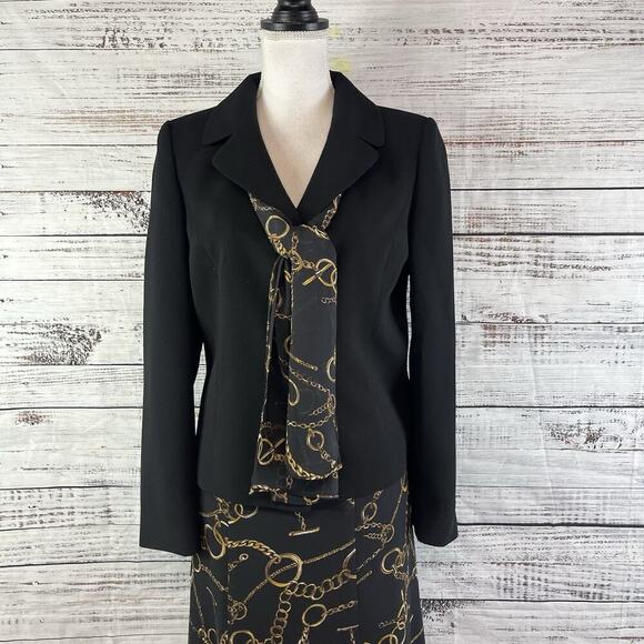 Evan Picone 3pc Skirt Suit size 8 Blazer Scarf Black Gold Equestrian Career - Picture 2 of 15